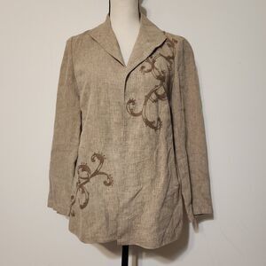 Coldwater Creek  Sand beige Linen Embroidered Open Front Blazer Jacket SZ P 4